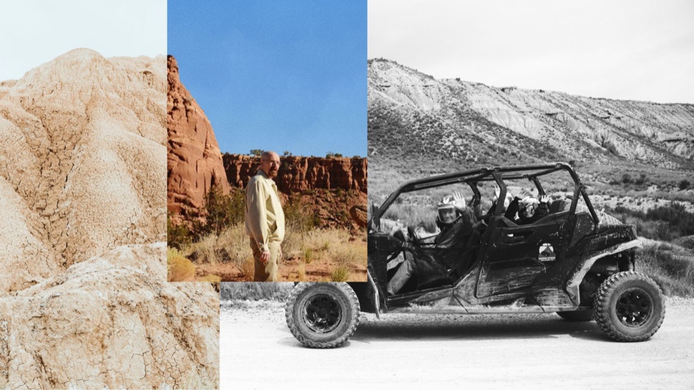 Collage de tierra agrietada, un hombre en un cañón rojo y un buggy en blanco y negro
