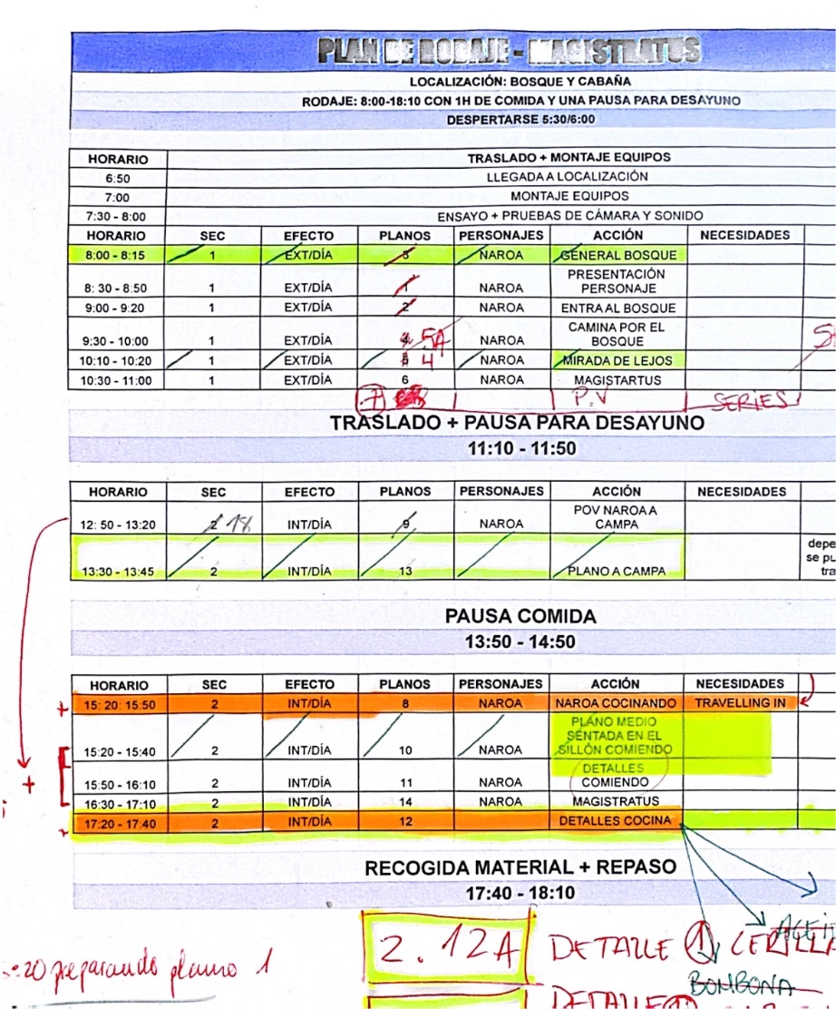 Plan de rodaje de Magistratus (bosque y cabaña, cabecera azul) con horarios, secuencias y anotaciones a mano