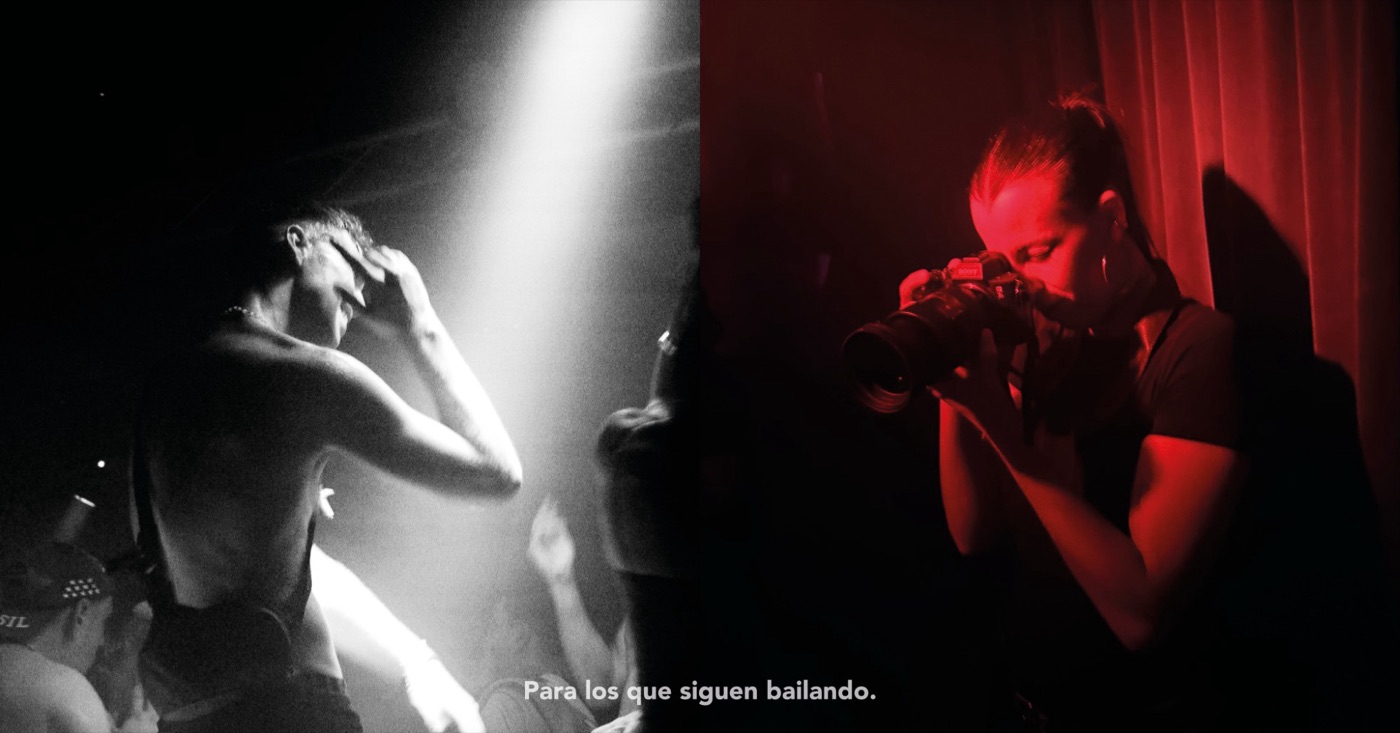 Díptico: un chico baila bajo un haz de luz y una fotógrafa dispara en rojo: «Para los que siguen bailando»